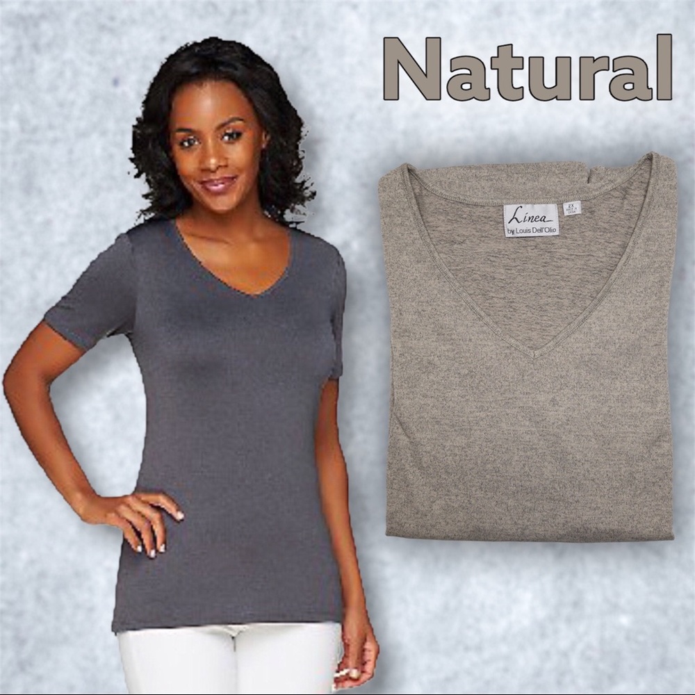 Linea by Louis Dell'Olio V-Neck Short Sleeve Flecked T-Shirt, 2X Natural A255670